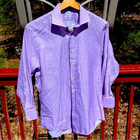 BROOKS BROTHERS Makers Shirt Purple Black Check Egyptian Cotton Mens 16.5/33 EUC - Picture 1 of 11
